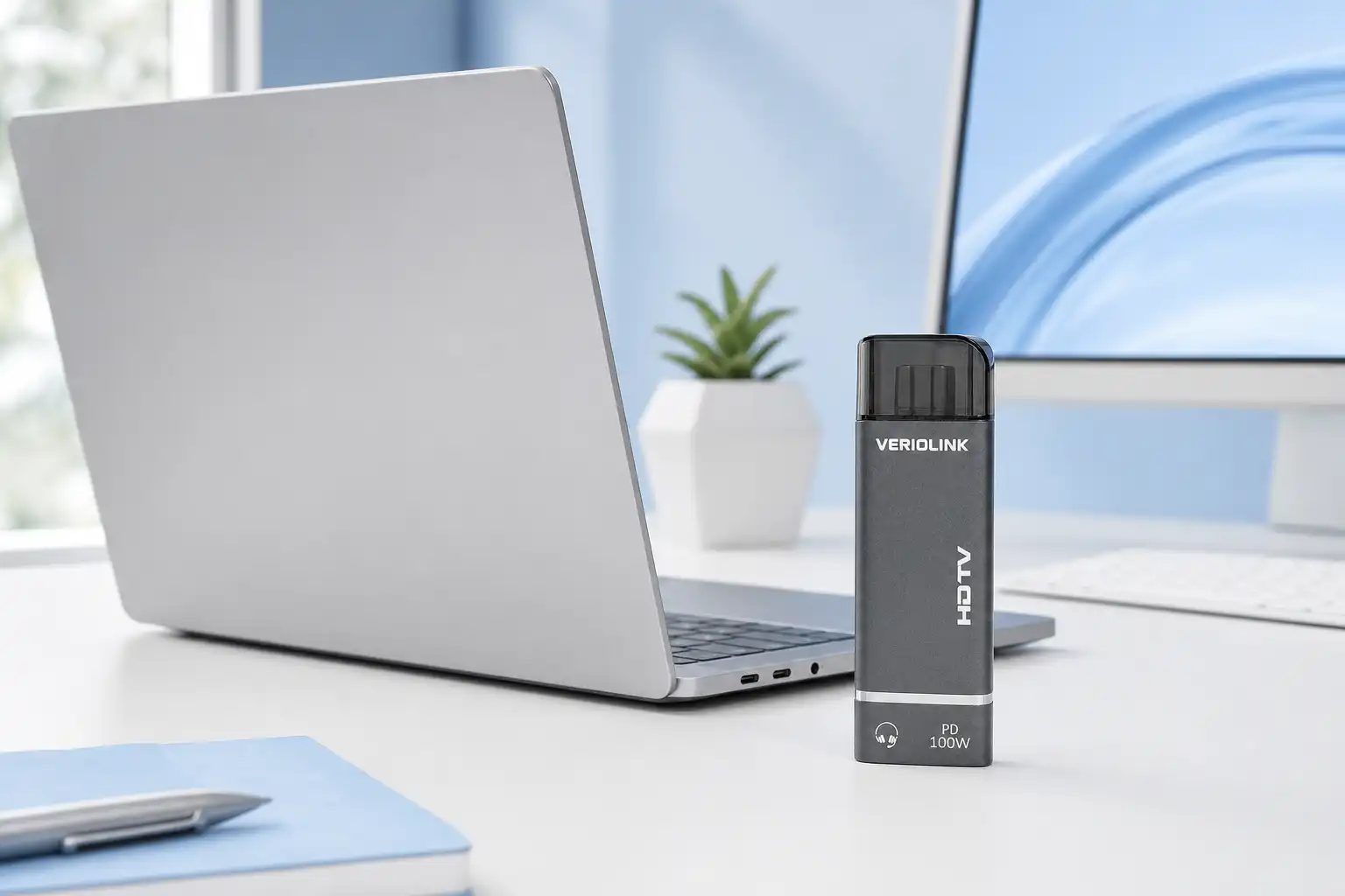 LinkCore 01 beside a laptop in a clean workspace