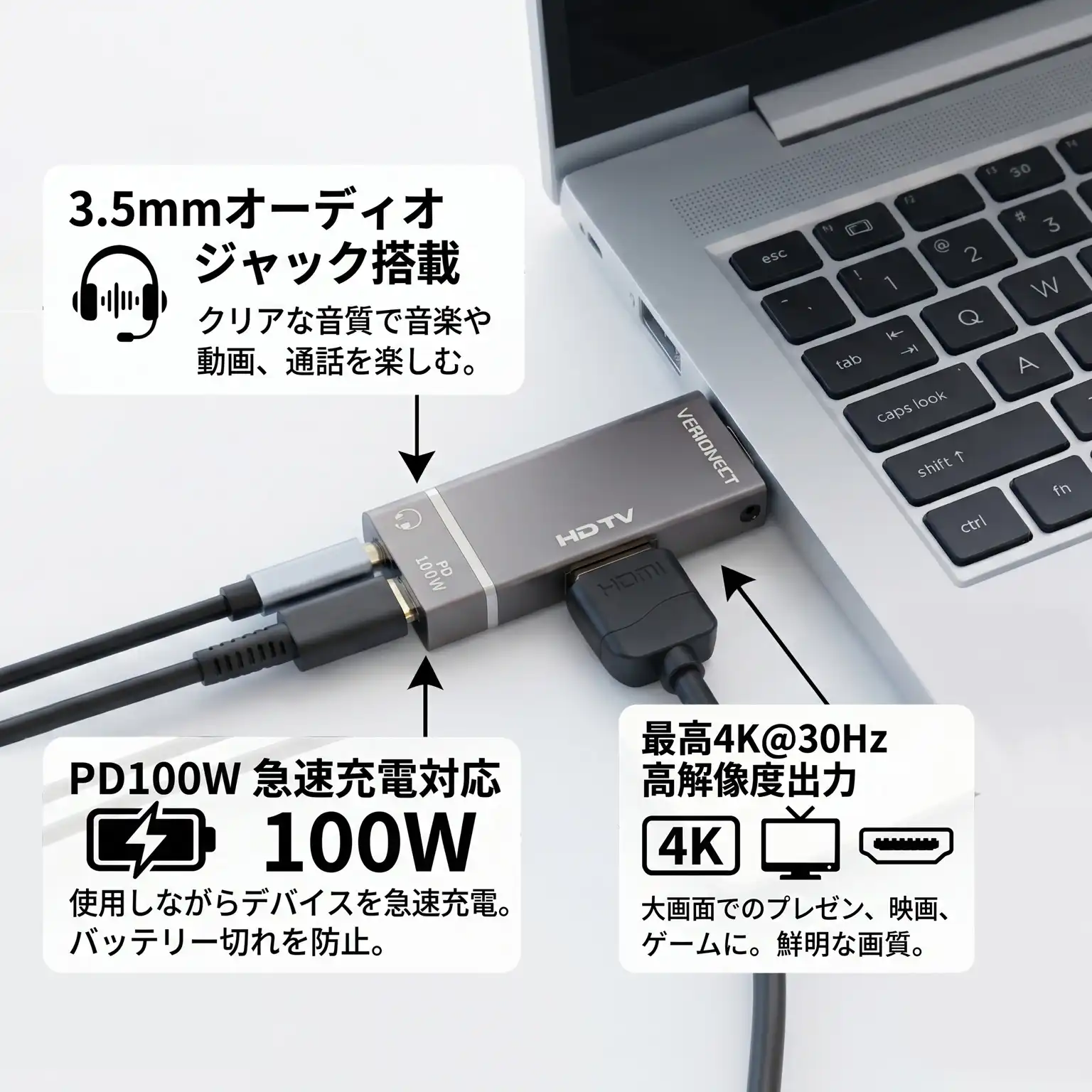 LinkCore 01 connected to a laptop with HDMI, audio and power cables